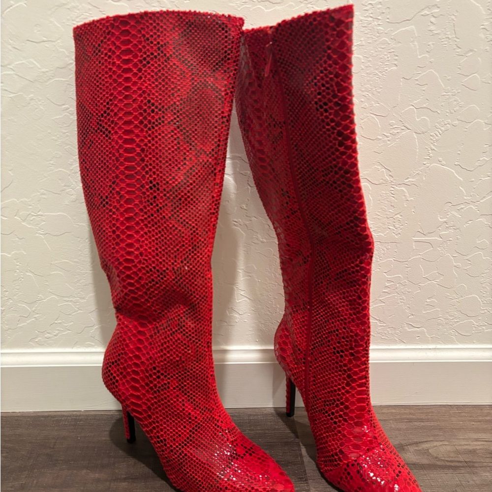 Red Snakeskin Heeled Boots